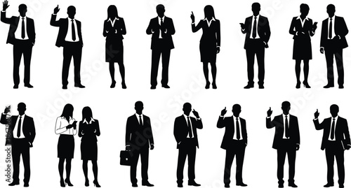 Silhouettes of diverse business professionals in formal attire posing with briefcases, hand gestures, teamwork and leadership concepts isolated