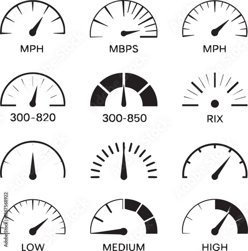 Speed signs. Speedometer black icons set. Speed indicators with arrows. Fast speed. Internet speed, gauge, dashboard, indicator, tachometer, scale. Credit score indicator. Risk levels meter icon 
