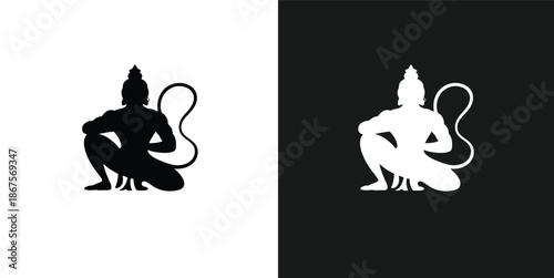 Hanuman jayanti logo Black and white silhouette of a mythical creature with a long tail and trunk and black backgrounds