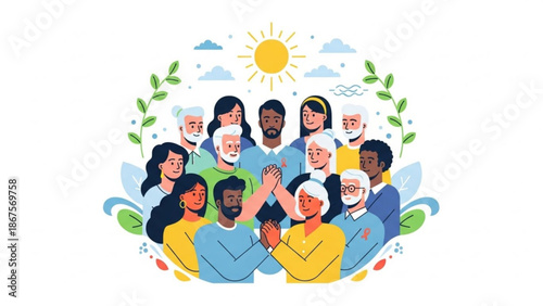 Diverse group of people joining hands in unity and solidarity under a sunny sky with clouds and green leaves