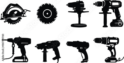 Set of black vector drll machines  and equipment icons isolated on white like a metallic tool or machine silhouette