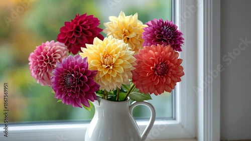 Wallpaper Mural Vibrant dahlia bouquet in ceramic vase brightening a window corner Torontodigital.ca