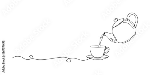 Continuous one line of a teapot pouring water into a cup, drawn vector illustration.