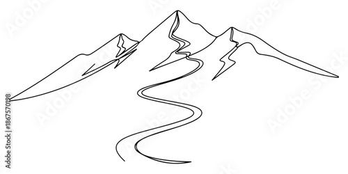 Continuous one line of a simple mountain range with winding road, journey and perseverance, drawn vector illustration.
