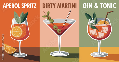 Creative vector illustration of three classic cocktails perfect for a bar menu