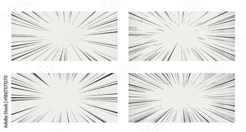 Manga vector comic effects transparent background. Dynamic linework starburst enhances intensity and focus with bold linear rays, thick and thin strokes, flexibility for highlighting action