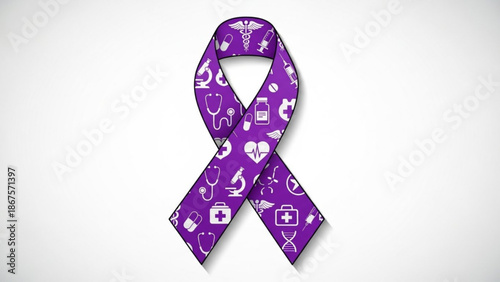 Purple medical awareness ribbon with white healthcare symbols on a plain background for health campaigns