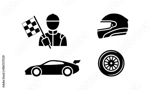 Motorsport racing equipment silhouette icons isolated on white vector illustration, easily editable.