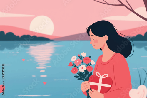 Person holding bouquet and heart-shaped gift box by lake at sunset with romantic scenic view.