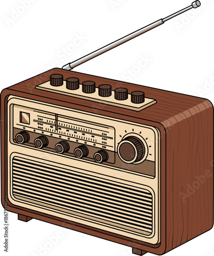 Vintage radio vector illustration showing retro wooden transistor radio with antenna classic audio device isolated