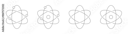 Outline atom icon set, Science and physics research symbols, Nuclear energy and molecule graphics, Educational chemistry UI elements, Minimalist line art vector collection