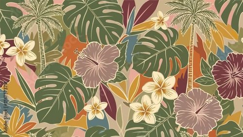 Retro tropical seamless pattern with vintage palm trees and hibiscus