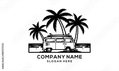 Vintage van with surfboards parked under palm trees on a beach.