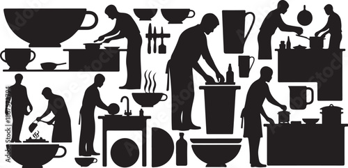 Silhouettes of people cooking and preparing food together