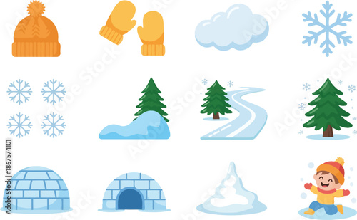 Winter wonderland icons snowflakes trees igloos and cold weather accessories