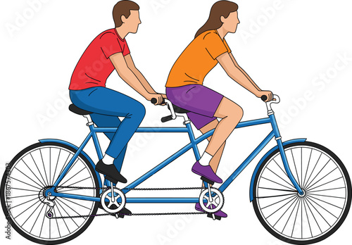 Couple riding tandem bicycle vector illustration showing two people cycling together outdoor recreation and active lifestyle