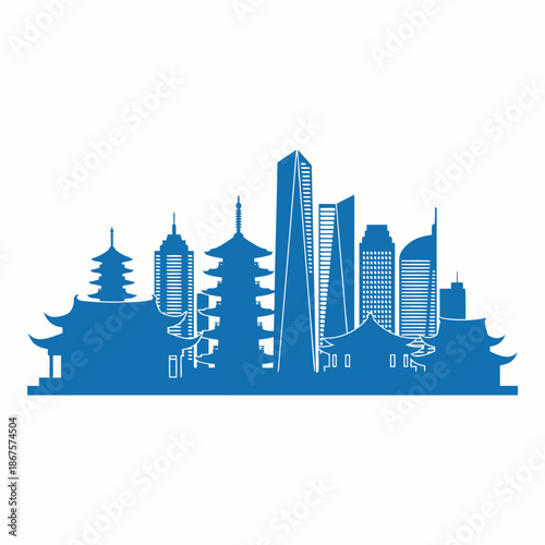 Blue Skyline Silhouette of Traditional and Modern Buildings.