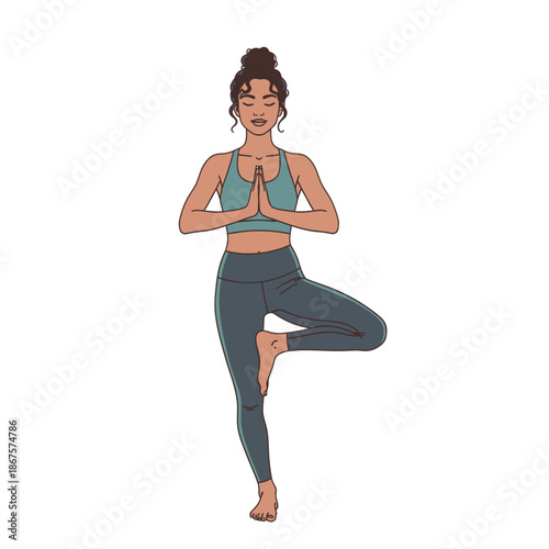 Illustrated Woman Performing Tree Pose in Yoga, Meditating Peacefully