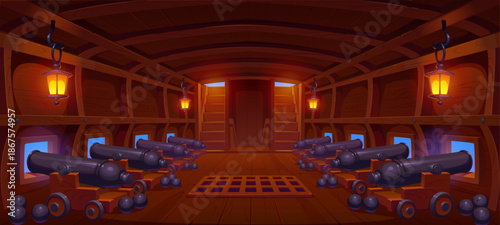 Cannon deck interior on pirate ship with wooden walls, mounted cannons, cannonballs, lanterns and stairs leading upward. Cartoon vector scene evoke adventure, battle readiness and nautical exploration