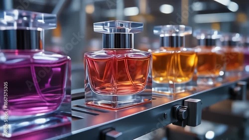 Row of luxury perfume bottles with colored liquids on a conveyor belt fragrance scent