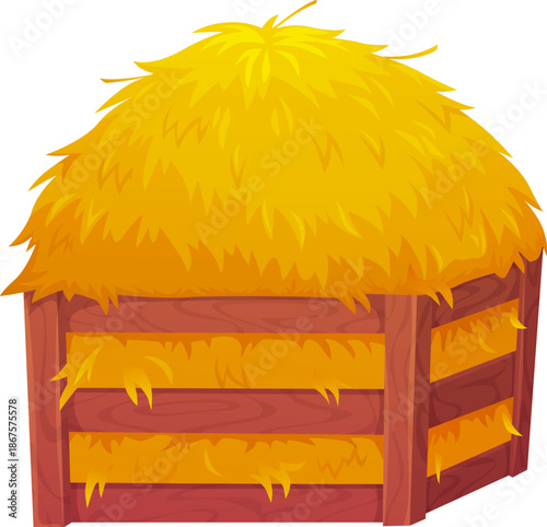 Cartoon wooden storage container filled with a large pile of golden yellow hay. Vector rustic farm straw harvest, symbol of agriculture and countryside living, rural or agricultural autumn decorations