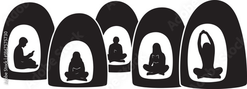 Yoga poses in arched alcoves silhouette illustration