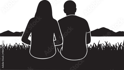 Couple Silhouette Watching Sunset in Nature Landscape