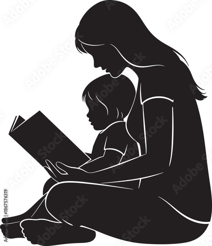 Mother and Child Reading Together at Home Silhouette