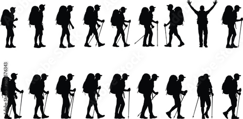 Silhouettes of hikers with backpacks and trekking poles walking in sequence, celebrating adventure, outdoor exploration, fitness and mountain travel