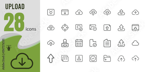 28 upload and download line icons set for web and mobile interfaces, vector illustration