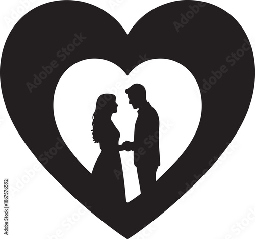 Vector illustration of a black silhouette profile showing a romantic couple in love holding a heart during a valentine date