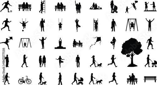People Activity Silhouette Icons Set with Outdoor, Leisure, Sport and Daily Life Vector.