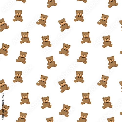 Cute brown teddy bear seamless pattern with black bow ties on white background