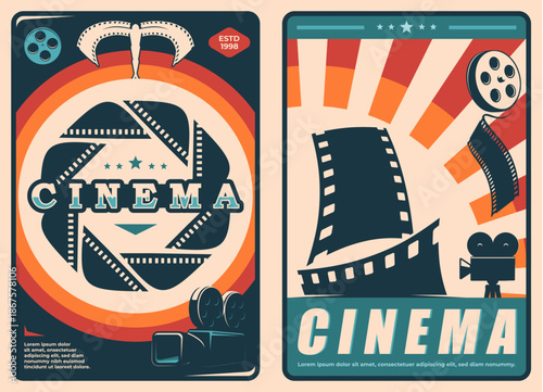 Retro movie cinema posters with large circular film reel shutter decorated by strips of movie film strip and old film projector. Vector vintage template for home theater event and movie festival