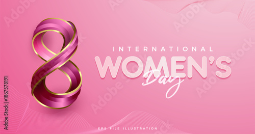 Happy Women's Day with number 8 banner design and decorations on pink background