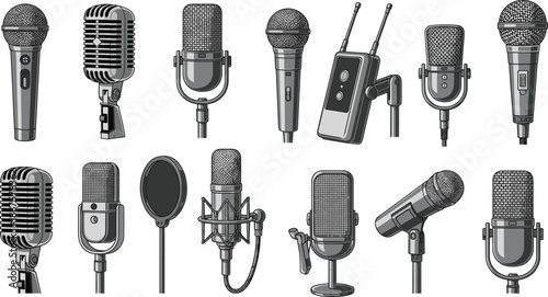 Professional Microphone Types Collection Vector with Studio, Podcast, Wireless and Vintage Mic Icons.