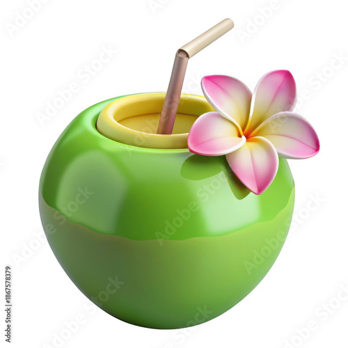 3d fresh coconut drink with flower isolated on transparent background