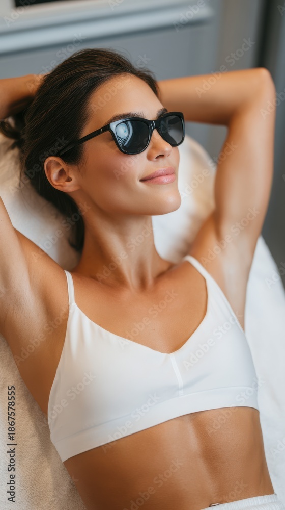 Fototapeta premium Woman relaxing during laser treatment session with sunglasses in spa setting