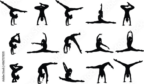 Gymnastics and Yoga Silhouette Poses Set with Flexible Acrobat Movements Vector Illustration.
