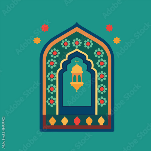 Ornate Islamic Prayer Rug with Floral and Lantern Decorations.