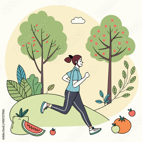 Woman jogging in a fruit orchard