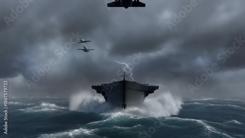 Aircraft Carrier Sailing Through Rough Seas with Fighter Jets Taking Off Under a Stormy Sky navy warship
