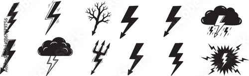 silhouette electric lightning or thunder bolt doodle style icon set clipart.eps