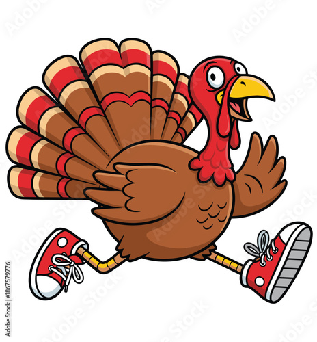 Cartoon turkey running in sneakers, festive Thanksgiving bird illustration, colorful feathers, humorous holiday character, seasonal clipart, fun poultry mascot