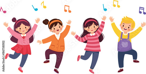 Dancing children with musical notes vector set, colorful outfits and joyful poses for music, celebration, and educational design themes