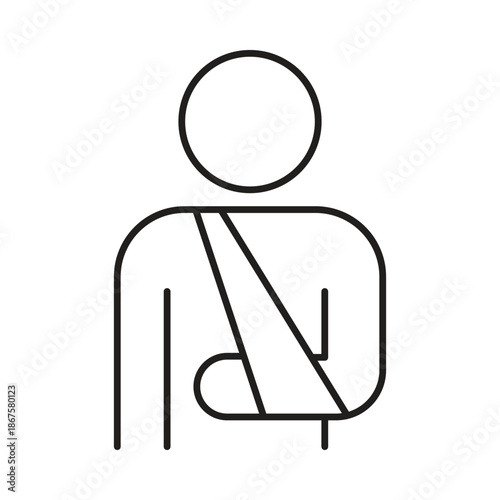 A simple black and white line icon shows a person with an arm in a sling isolated on a white background