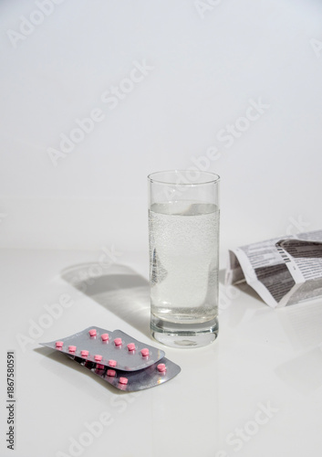 Blister pack of pink tablets, paper instructions and a glass of water on a white background, space for text.