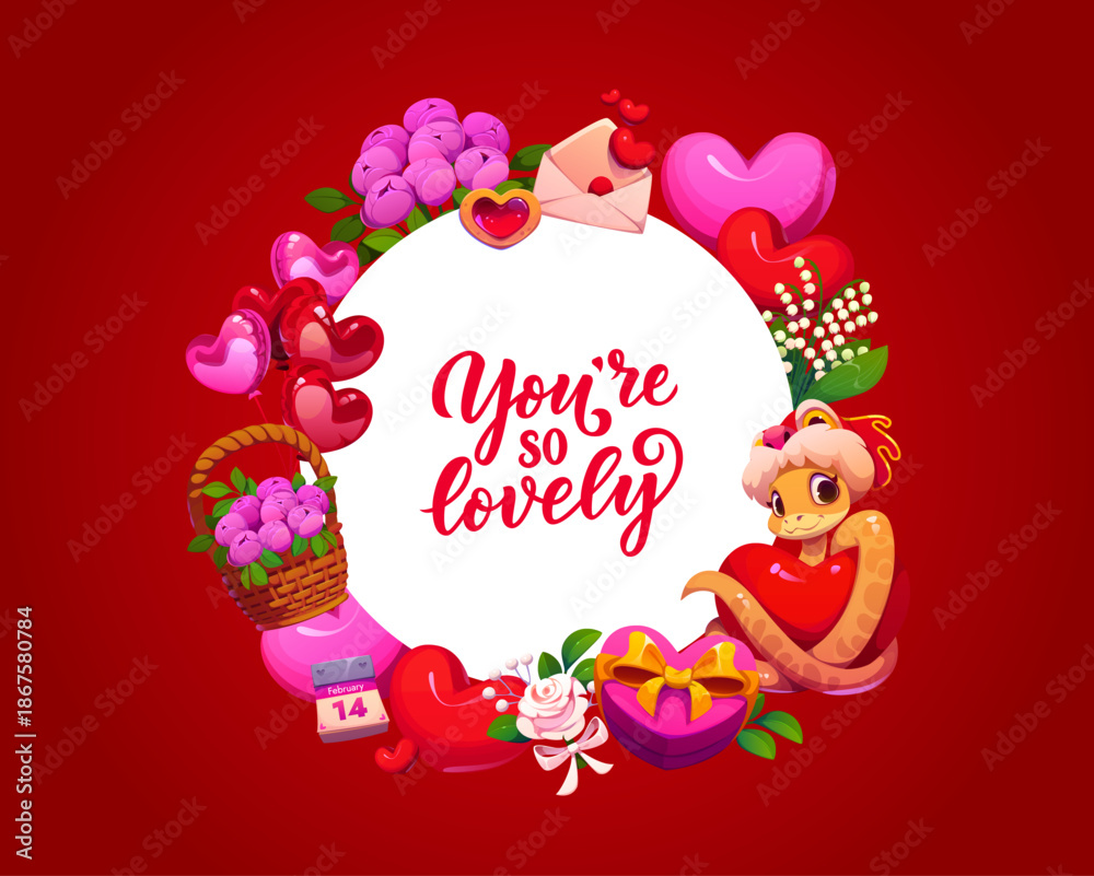 Naklejka premium You are so lovely, Valentine day quote banner with heart balloons and snake, vector background. Valentine day love holiday greeting with frame of hearts, gifts and flowers with message envelope