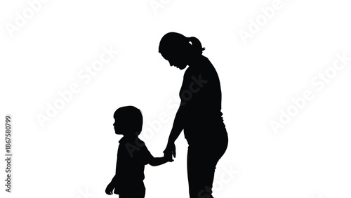 Silhouette illustration of a mother holding her little child's hand showcasing a loving family moment isolated on a clean white background perfect for parenting