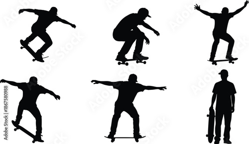 Silhouettes of skateboarders performing dynamic tricks and stunts with skateboards in various poses representing urban sport, youth culture and lifestyle